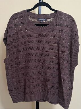 Laurel Grey Open-Knit Short Sleeve Brown Sweater Top